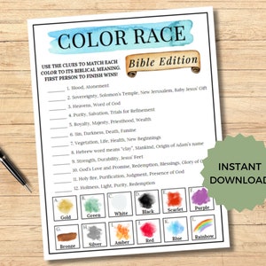 May include: A printable color matching game with a Bible theme. The game includes 12 clues and 12 colors to match. The colors are gold, green, white, black, scarlet, purple, bronze, silver, amber, red, blue, and rainbow.