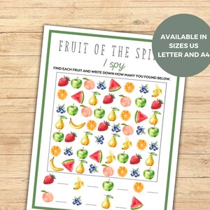 May include: A printable "I Spy" game featuring a colorful array of fruits, including strawberries, peaches, apples, pears, bananas, and watermelon. The game instructs players to find each fruit and write down how many they found.