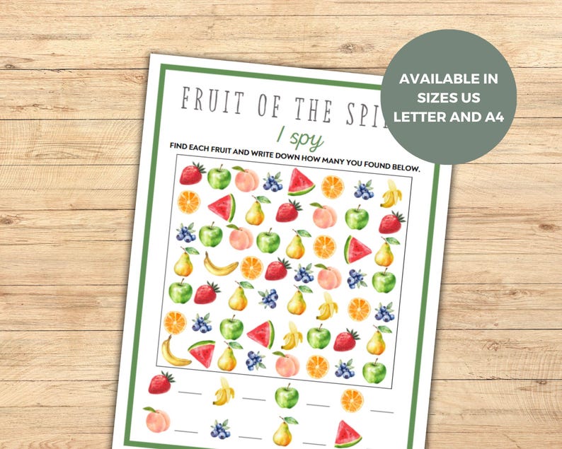 May include: A printable "I Spy" game featuring a colorful array of fruits, including strawberries, peaches, apples, pears, bananas, and watermelon. The game instructs players to find each fruit and write down how many they found.
