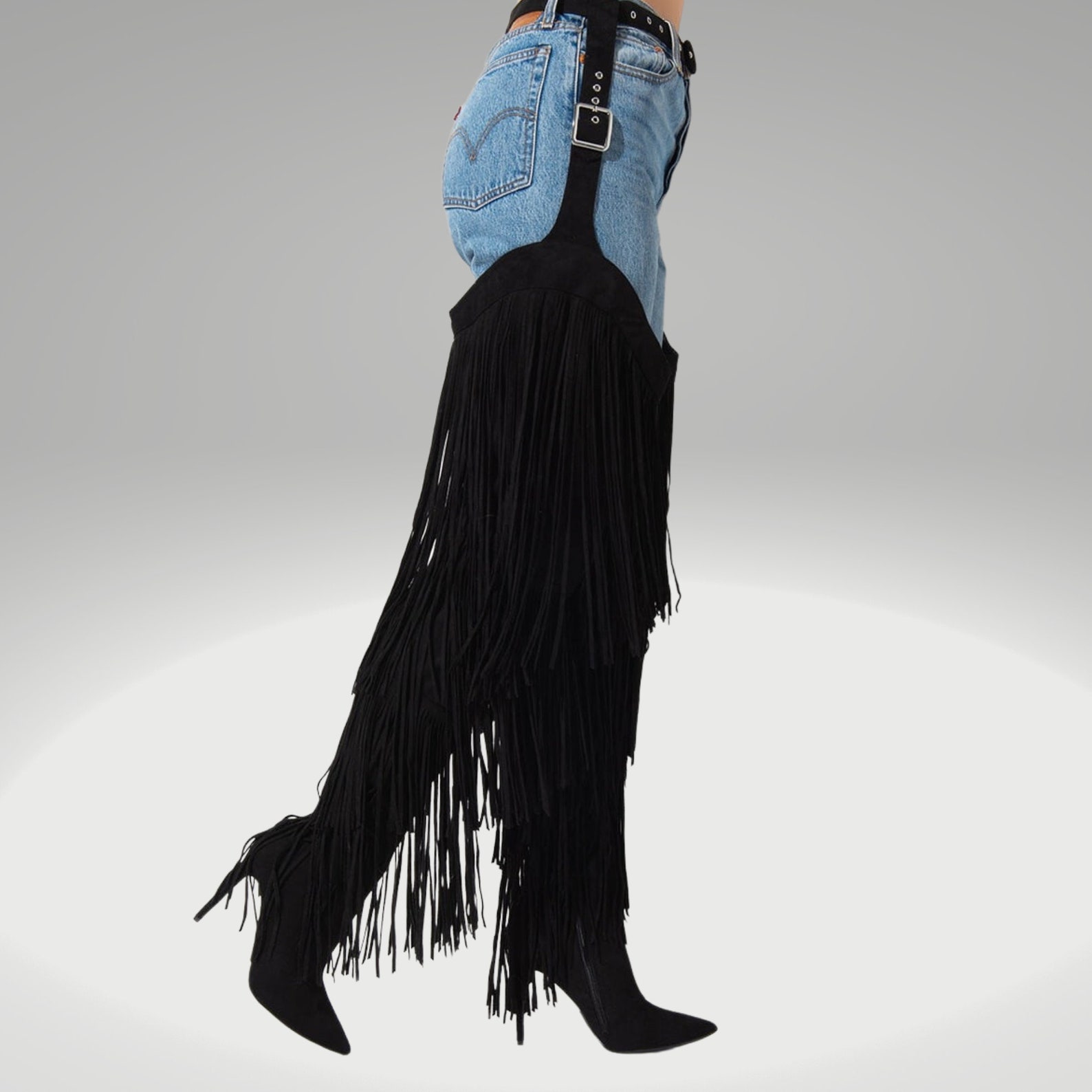 Tassel Fringe Belted Chaps Boots Handmade Real Black Sude Leather Etsy