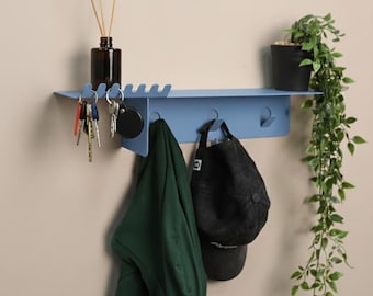 Llavero de pared de metal con estante, organizador de entrada de acero azul, regalo