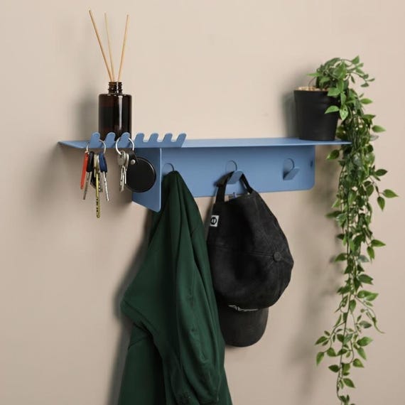 Metal Wall Key Holder with Shelf, Blue Steel Entryway Organizer Gift