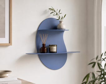 Estantería de pared de metal azul: almacenamiento flotante moderno, organizador para la entrada.