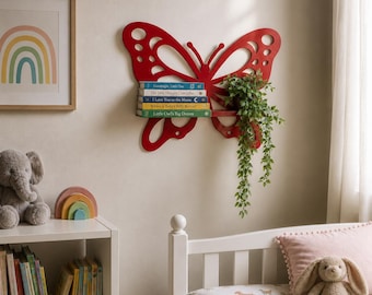 Large Red Metal Butterfly Wall Shelf: Kids Room Decor, Organizer for Small Items