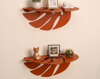 Leaf Floating Shelf: Monstera Metal Sheves, Orange Wall Decor