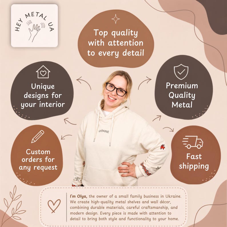 Puede incluir: Una sudadera con capucha de color beige con el texto UKRAINE en el pecho y bordados rojos y blancos en las mangas. La imagen presenta burbujas de texto que destacan servicios comerciales, incluyendo pedidos personalizados y env&iacute;os r&aacute;pidos.