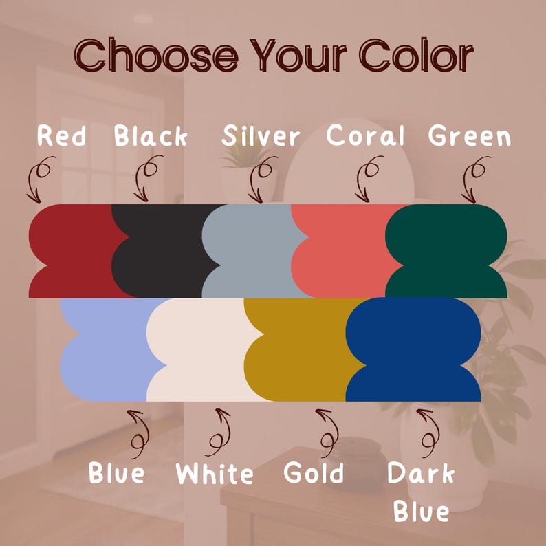 Pu&ograve; includere: Una tabella colori intitolata Choose Your Color che mostra dieci tonalit&agrave; distinte disposte su due righe. I colori includono rosso, nero, argento, corallo, verde, blu, bianco, oro e blu scuro, ciascuno indicato da una freccia verso il campione.