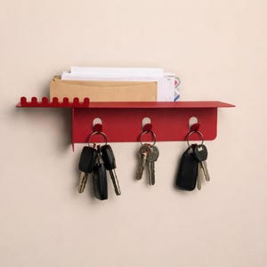 Puede incluir: Un organizador de pared de metal rojo con un estante plano para correo, una secci&oacute;n lateral con cinco muescas peque&ntilde;as y tres ganchos debajo. Tres juegos de llaves con mandos negros cuelgan de los ganchos y hay sobres sobre el estante.