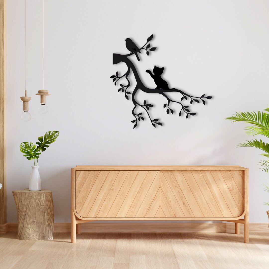 Metal Wall Decor Birds Tree Metal Cat Wall Art Natural Wall Decor Black ...