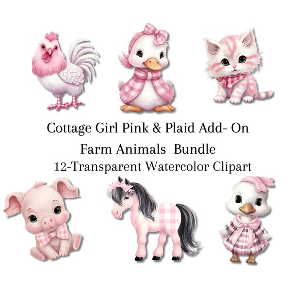 Cottage Girls Farm Animals in Pink and Plaid Clipart, Add- On clipart Transparent PNG Digital Download, Farm House Chic Decor Illustrations