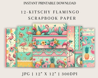 Whimsical Pink Flamingo Digital Scrapbook Paper Set - Kitschy Retro Flamingo Pattern Paper Digital Download Premade Pages for Paper Art