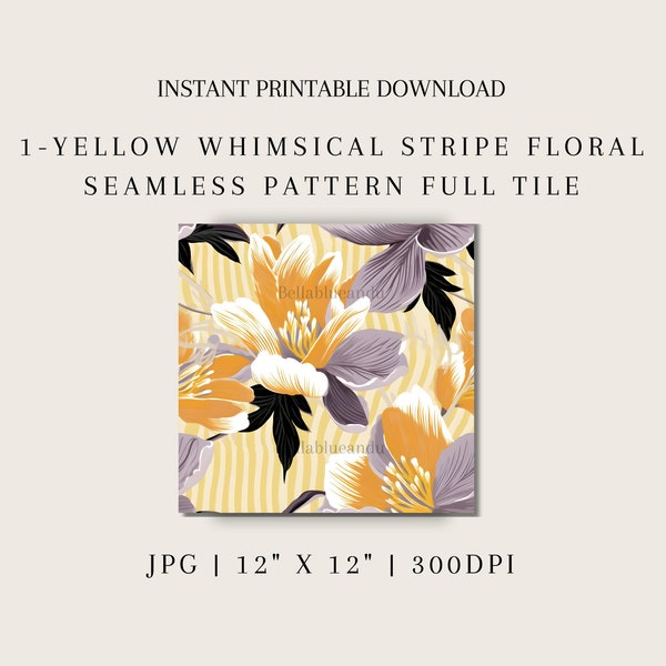 Yellow Stripe Whimsical Floral Seamless Full Tile Repeating Pattern Mixed Media Collage Paper Instant Digital Download Printable Paper