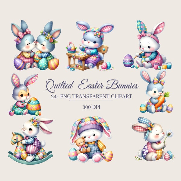 Pastel Easter Bunnies Quilted Patchwork Clipart Series 2 Digital Download Cute Plaid Easter Bunny Buffalo Check Illustrations for Easter