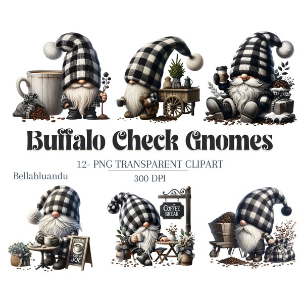 Whimsical Buffalo Plaid Coffee Gnome Clipart Transparent PNG Digital Download Crafting for Coffee Lover Gift DYI