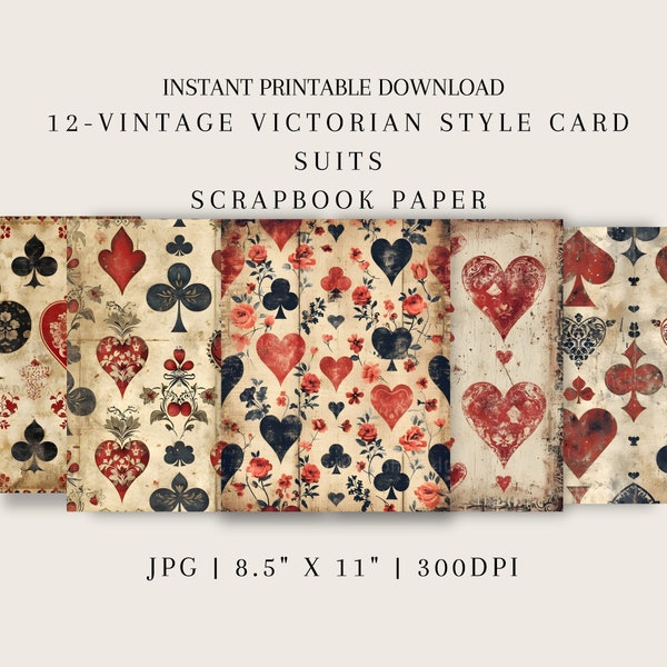 Valentine’s Vintage Victorian Style Card Suits for Valentine Cards Scrapbook Paper Printable Instant Digital Download Mixed Media Collage