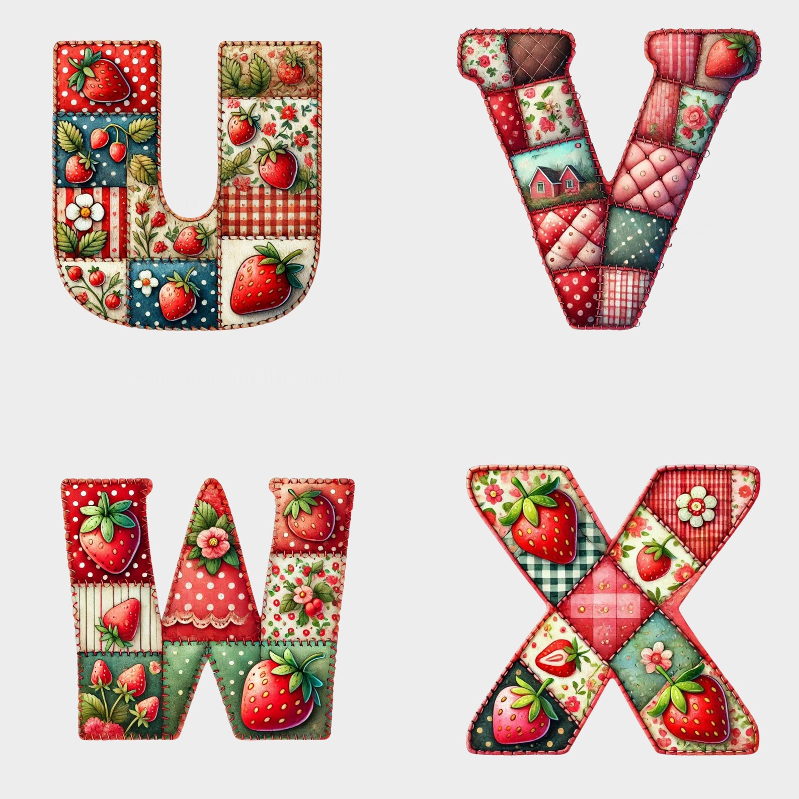 Strawberry Quilted Alphabet Clipart: Patchwork Letters & Numbers (PNG ...