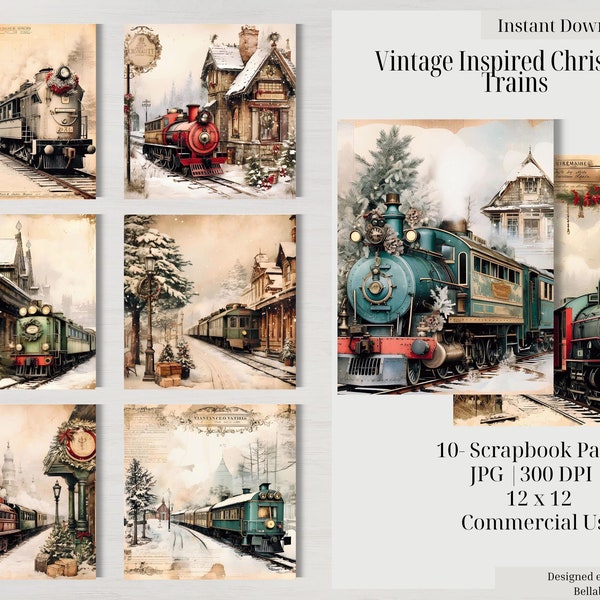 Christmas Trains Scrapbook Paper Instant Digital Download Inspiration Paper Pack Junk Journal Premade Collage Mixed Media Paper Art