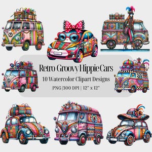 Imágenes prediseñadas de furgoneta hippie retro, coche boho PNG, descarga digital de vehículo vintage colorido, fondo transparente, imágenes prediseñadas caprichosas y maravillosas de alta resolución
