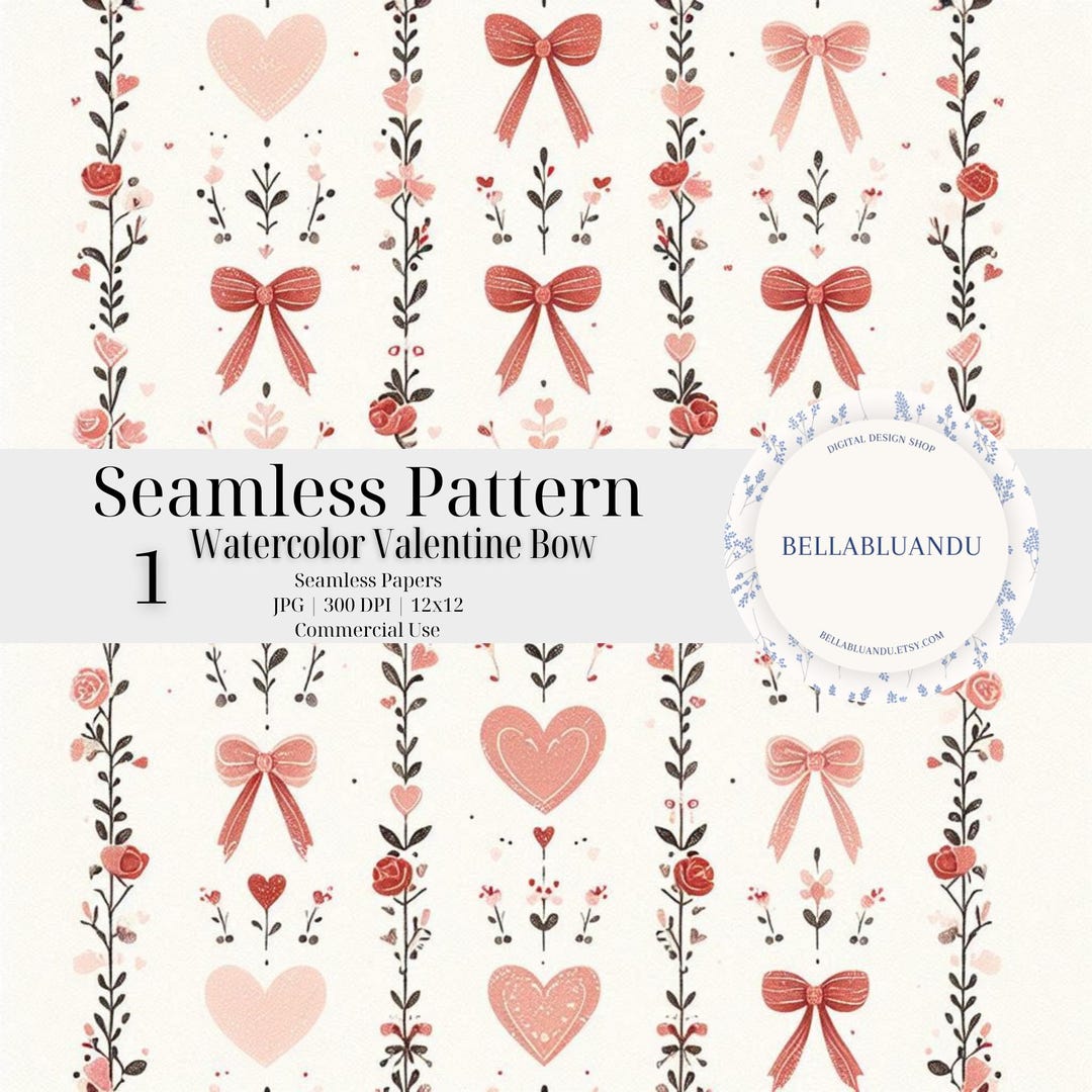 Watercolor Coquette Bow Heart Seamless Pattern: Pink & Red (digital ...