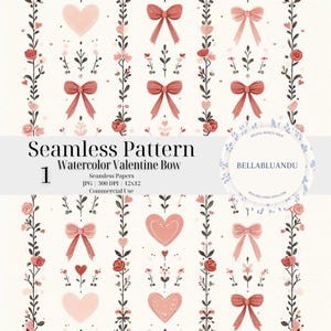 Watercolor Coquette Bow Heart Flowers Seamless Repeating Pattern, Pink and Red Seamless Pattern for Digital Download Commercial Use PNG