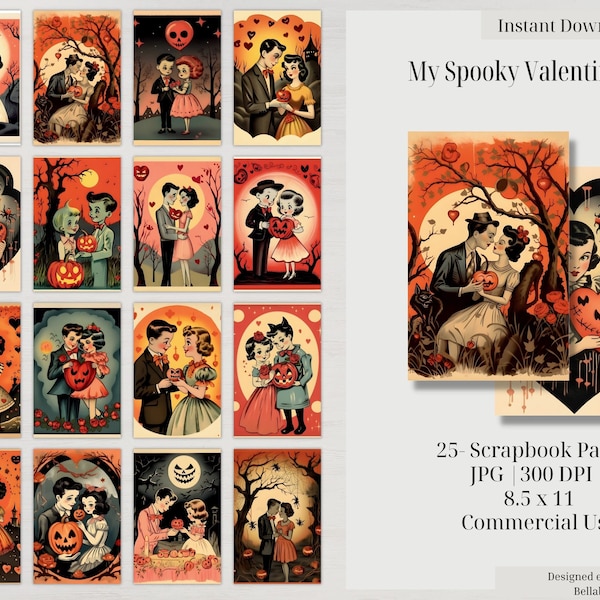 My Spooky Valentine 1950 Vintage Inspired Retro Valentines Day Card Illustrations Digital Download Scrapbook Junk Journal Premade Paper Art