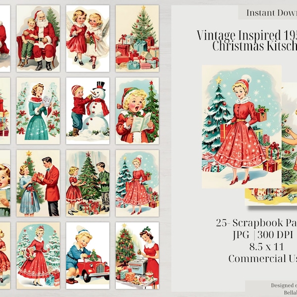 Vintage Inspired 1950’s Retro Kitsch Christmas Digital Download Scrapbook Premade Paper Pages for Junk Journal Collage Mixed Media Paper Art