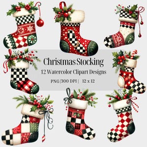 クリスマスストッキングのクリップアート、黒と白のバッファローチェック柄、赤と緑のホリデーソックス、デジタルクリスマススクラップブック、ジャンクジャーナル要素