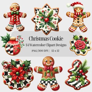 水彩クリスマスクッキークリップアート ジンジャーブレッドクッキー クリスマスチェック ホリデークッキー デジタルペーパークラフト ペーパーアート