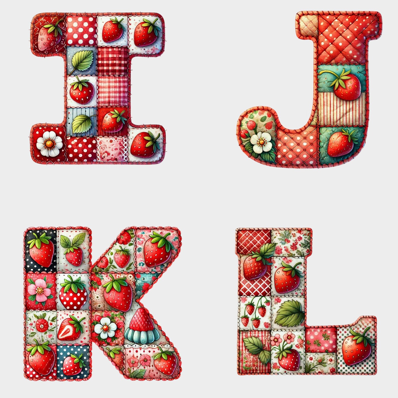 Strawberry Quilted Alphabet Clipart: Patchwork Letters & Numbers (PNG ...