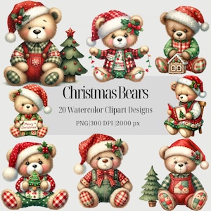 Aquarelle ours de Noël Clipart Buffalo plaid Check imprimable en téléchargement numérique PNG pour un usage commercial