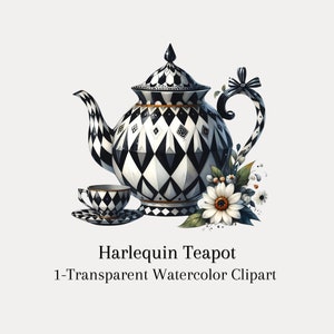 May include: A black and white harlequin patterned teapot with a matching teacup and saucer. The teapot has a black bow on the handle and is decorated with white diamonds. The teacup and saucer are also decorated with white diamonds. There are white flowers with yellow centres in the background.