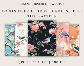 Chinoiserie Birds & Blooms Naadloos Full Tile Patroonpapier voor VOLLEDIG COMMERCIEEL GEBRUIK, Afdrukbaar Oosters naadloos herhalend patroonpapier