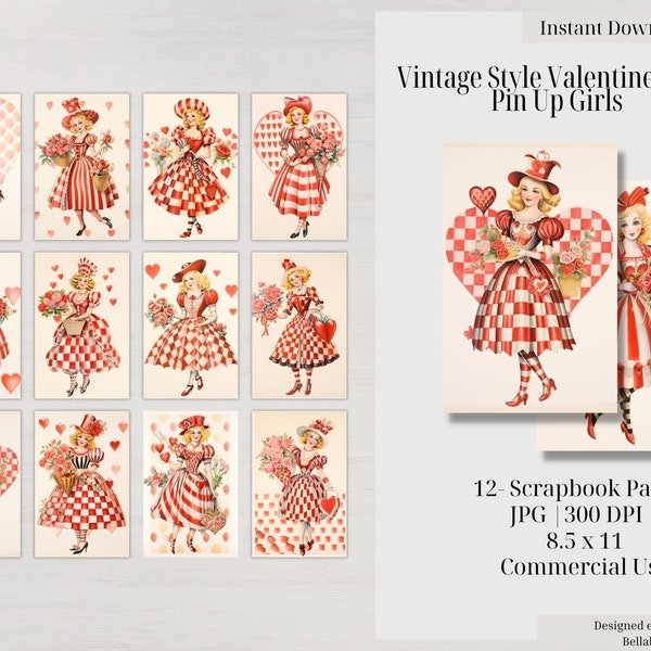 Retro Valentine Girl Cards  1940s Inspired Digital Download for Mixed Media Paper Art