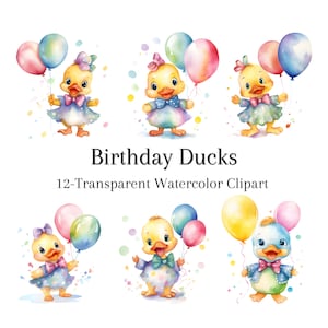 Eend verjaardag aquarel clipartset - transparante PNG Instant Download voor uitnodigingen voor feestdecor