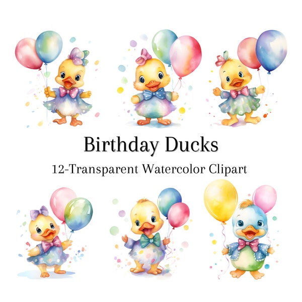 Duck Birthday Watercolor Clipart Set - Transparent PNG Instant Download for Party Decor  Invitations