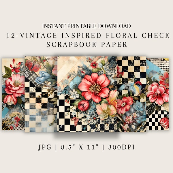 Floral Check Pattern Scrapbook Printable Instant Digital Download Paper for Mixed Media Collage Decoupage Paper Art Supply