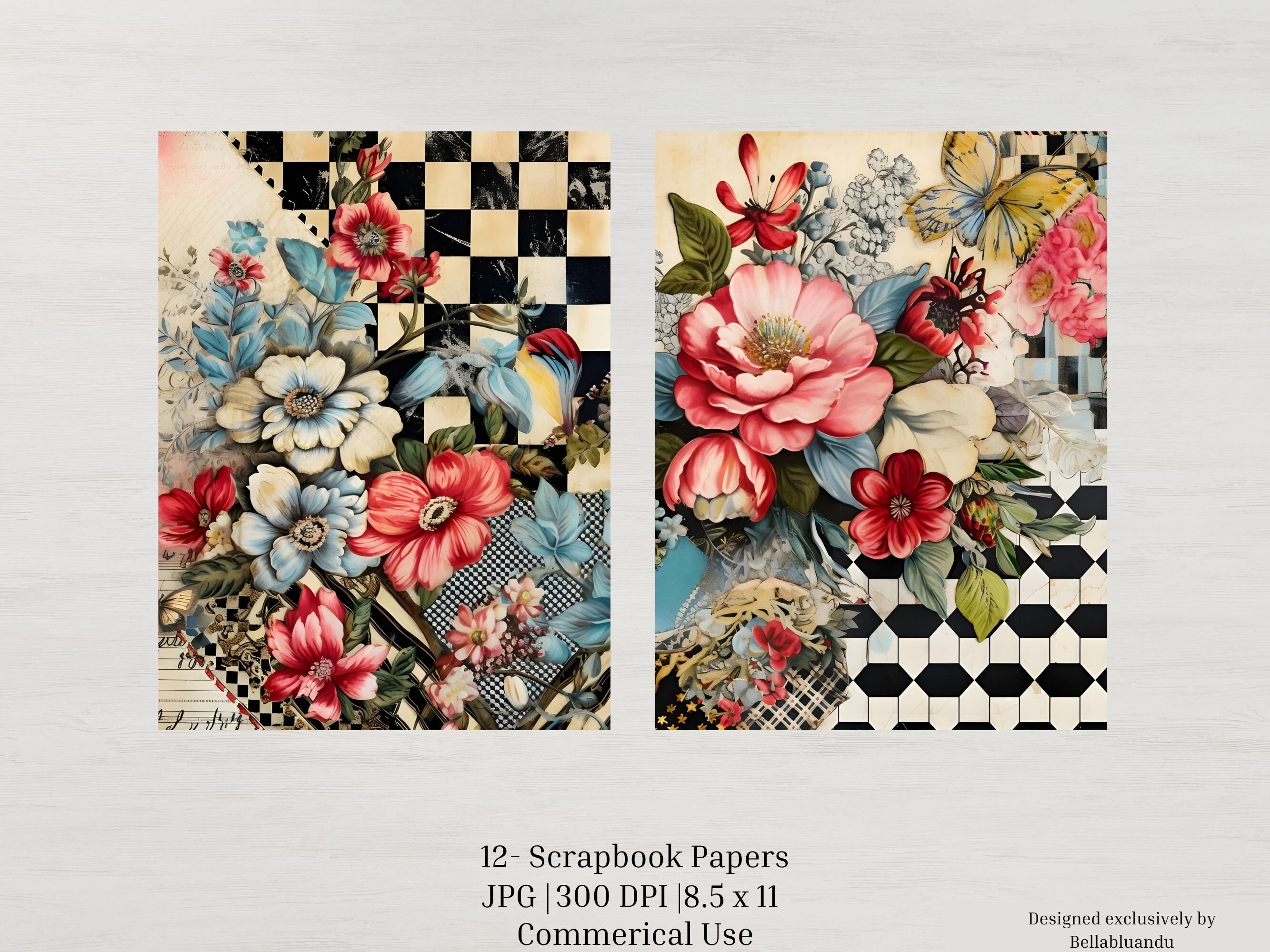 Floral Check Pattern Scrapbook Printable Instant Digital Download Paper ...