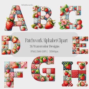 May include: A patchwork alphabet clipart set featuring the letters A, B, C, D, E, F, G, and H. Each letter is made of colourful patchwork squares with a strawberry theme. The letters are in a watercolour style and are perfect for crafting projects.