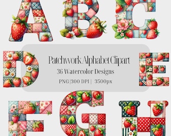 Strawberry Quilted Alphabet Clipart: Patchwork Letters & Numbers (PNG Digital Download)