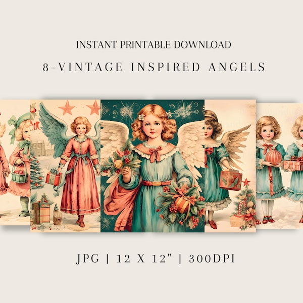 Vintage inspired Angel Scrapbook Paper Set  Victorian Angel Christmas Paper for Decoupage  Printable Download Retro Angel Ephemera Paper