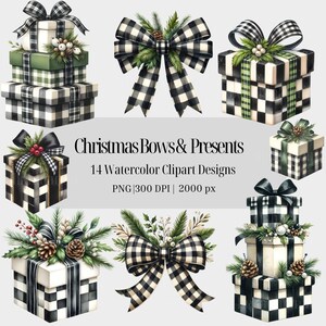Weihnachtsgeschenk & Schleife Clipart Buffalo Plaid Feiertagsentwürfe für Sublimationsdrucke, Print on Demand Produkte, Feiertags-Weihnachtskarten