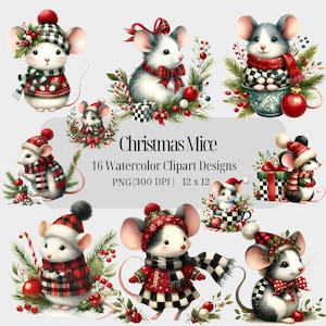 水彩画のクリスマス マウス クリップアート バッファロー チェック柄 ホリデー デジタル ダウンロード クラフト ペーパー アート PNG 透明背景 商用利用可