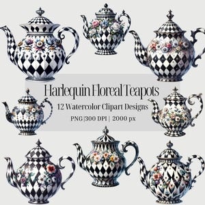 Aquarell Diamant Harlekin Karo Teekanne Clipart Bundle PNG transparenten Hintergrund digitaler Download, wunderliche Teekanne für Junk Journals