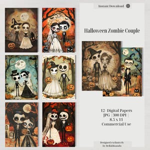 Halloween Zombie Paar Digitales Papier Handwerk Scrapbook Papier für Halloween Dead of the Dead Braut & Bräutigam Vorgefertigte Seiten für Junk Journal