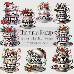 クリスマス ティーカップ ハーレクイン ダイヤモンド チェック クリップアート バンドル PNG 透明 気まぐれなバッファロー チェック クリスマス ティーカップ デジタル ダウンロード