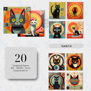 Scrapbook de chat atomique imprimable MCM rétro sur papier numérique à télécharger pour l'artisanat en papier de journaux indésirables