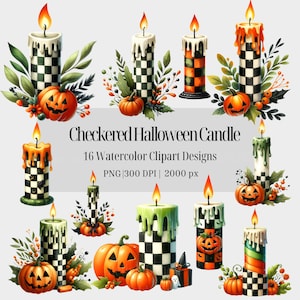 ハロウィーンキャンドル チェック柄 チェック クリップアート 透明 気まぐれなバッファローチェック 秋のキャンドル デジタルダウンロード 商用利用可