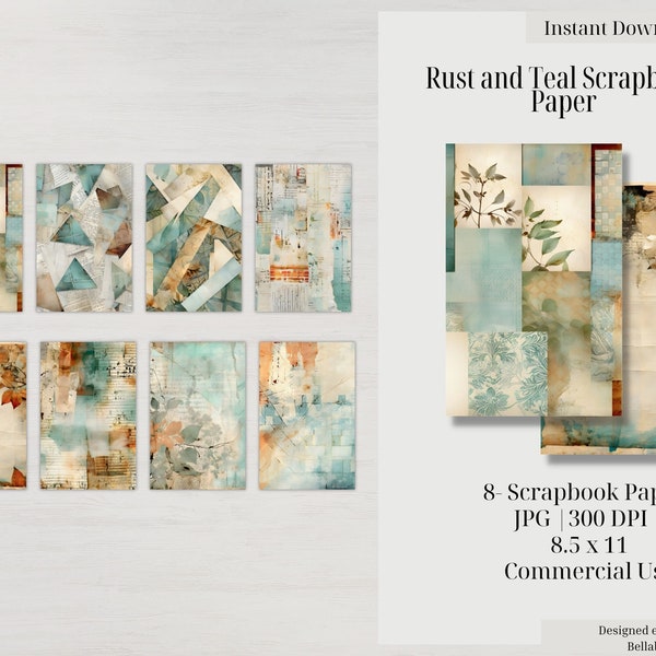 Scrapbook Pattern Paper Rust and Teal Digital Download Mixed Media Collage Sheets for Junk Journal Page Supply Premade Background Paper Art