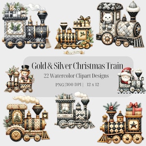 May include: A set of 22 watercolor clipart designs featuring a black and white Christmas train with gold accents. The train is decorated with holly, snowflakes, and presents. The text "Merry Christmas" is on a banner attached to the train. The train is 12 inches by 12 inches and 300 DPI.