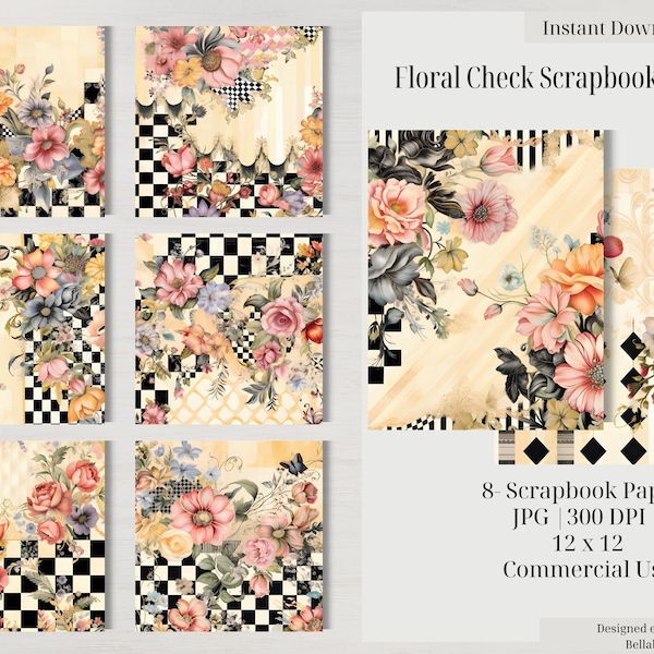 Floral Check Scrapbook Paper Instant Digital Download Spring Flowers Buffalo Check Mixed Media Collage Sheets for Paper Art